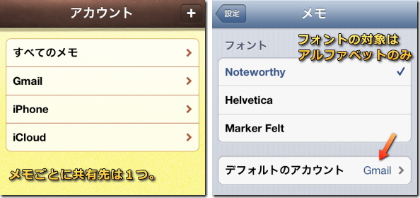 iPhone メモのアカウント設定