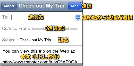 My Trip の送信画面。 普通のメールですね。